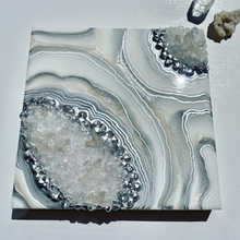 Load image into Gallery viewer, Silver Pearl &amp; White Geode w/ Clear Quartz 12&quot; x 12&quot; x 3&quot;
