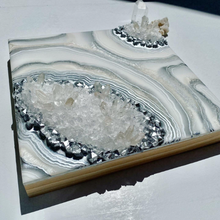 Load image into Gallery viewer, Silver Pearl &amp; White Geode w/ Clear Quartz 12&quot; x 12&quot; x 3&quot;
