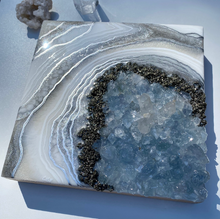 Load image into Gallery viewer, White &amp; Silver Geode with Celestine &amp; Pyrite Crystals 8&quot; x 8&quot; x 2.75&quot;
