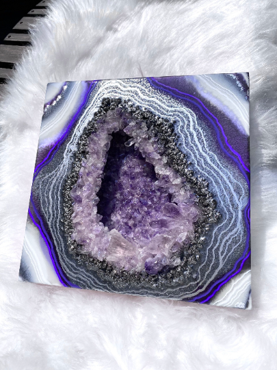 Amethyst & Pyrite 3D Geode Painting 12" x 12" x 2.5"
