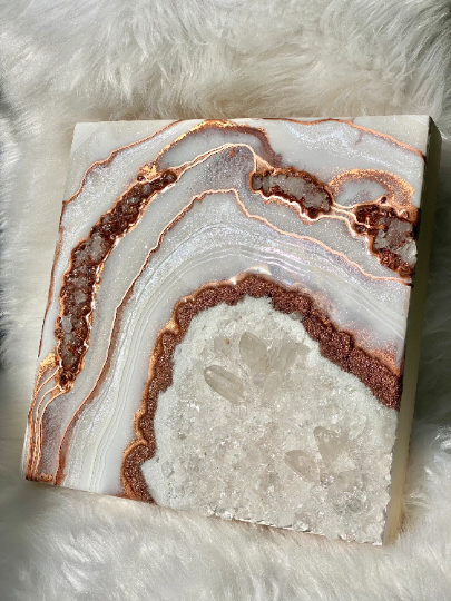 Copper, White, & Pearl Geode with Clear Quartz Crystals 12