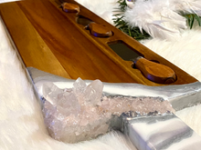 Load image into Gallery viewer, Charcuterie Board w/ Knives - White &amp; Silver w/ Lavender Rose Quartz - 22&quot; x 6&quot; x 1.75&quot;
