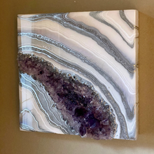 Load image into Gallery viewer, Silver Amethyst Geode Painting 12&quot; x 12&quot; x 3.4&quot;
