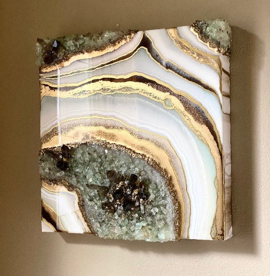 Green Calcite & Smoky Quartz Geode Painting 12