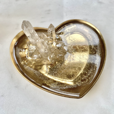 Heart Shaped Geode Inspired Ring Dish w/ clear Quartz - Gold - 3.4
