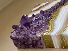 Load image into Gallery viewer, White &amp; Gold Geode with Brazilian Amethyst Crystals 8&quot; x 8&quot; x 3.4&quot;
