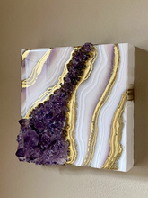 Load image into Gallery viewer, White &amp; Gold Geode with Brazilian Amethyst Crystals 8&quot; x 8&quot; x 3.4&quot;
