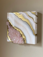 Load image into Gallery viewer, White &amp; Gold Geode with Lavender Rose Quartz Crystals 8&quot; x 8&quot; x 2.75&quot;
