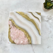 Load image into Gallery viewer, White &amp; Gold Geode with Lavender Rose Quartz Crystals 8&quot; x 8&quot; x 2.75&quot;
