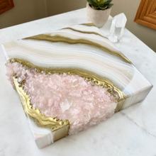 Load image into Gallery viewer, White &amp; Gold Geode with Lavender Rose Quartz Crystals 8&quot; x 8&quot; x 2.75&quot;
