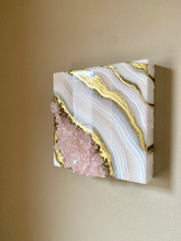 Load image into Gallery viewer, White &amp; Gold Geode with Lavender Rose Quartz Crystals 8&quot; x 8&quot; x 2.75&quot;
