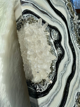 Load image into Gallery viewer, Silver, White &amp; Black Geode Panel w/ Clear Quartz &amp; Pyrite 24&quot; x 12&quot; x 3&quot;
