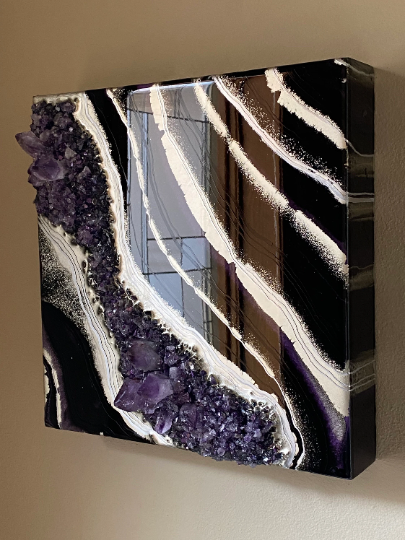 Black & Silver Amethyst Geode Painting 12" x 12" x 3.75"