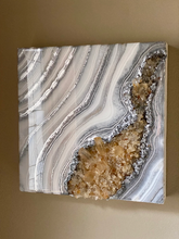 Load image into Gallery viewer, Silver &amp; White Geode Wall Art w/ Citrine &amp; Tangerine Quartz Points 12&quot; x 12&quot; x 3.75&quot;
