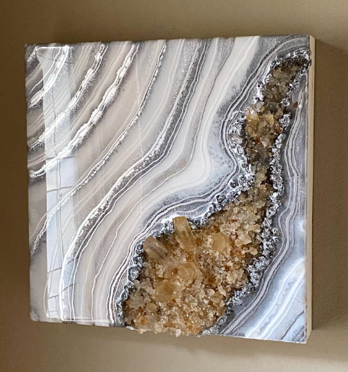 Silver & White Geode Wall Art w/ Citrine & Tangerine Quartz Points 12