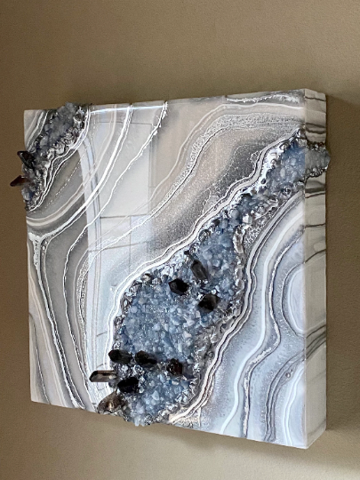 Blue Calcite w/ Smoky Quartz Points Geode Painting 12" x 12" x 3.75"