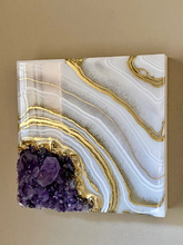 Load image into Gallery viewer, Gold &amp; White Amethyst Geode Painting 8&quot; x 8&quot; x 3&quot;
