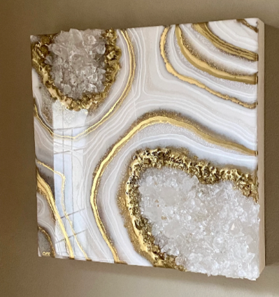 Gold White & Sparkling Pearl Geode Painting w/ Clear Quartz 12