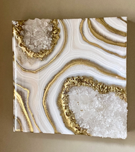 Load image into Gallery viewer, Gold White &amp; Sparkling Pearl Geode Painting w/ Clear Quartz 12&quot; x 12&quot; x 3.75&quot;
