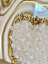 Load image into Gallery viewer, Gold White &amp; Sparkling Pearl Geode Painting w/ Clear Quartz 12&quot; x 12&quot; x 3.75&quot;
