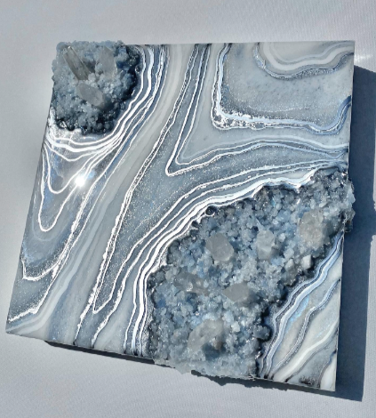 Blue Calcite w/ Brazilian Quartz Points Geode Painting 10