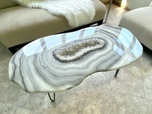 Load image into Gallery viewer, Large Epoxy Geode Coffee Table with Brazilian Quartz Points &amp; Hairpin Legs - 47&quot; x 24&quot; x 18&quot;
