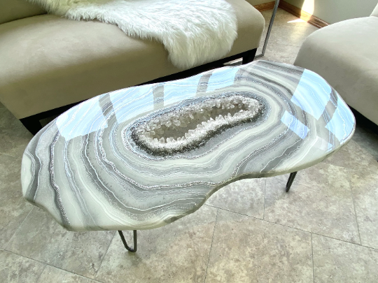 Large Epoxy Geode Coffee Table with Brazilian Quartz Points & Hairpin Legs - 47