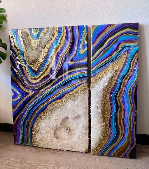 Large 3D Geode Diptych - Epoxy, Quartz & Gold Leaf on Birch Panel 36