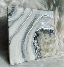 Load image into Gallery viewer, Silver &amp; White Geode Wall Art w/ Brazilian Quartz Points 8&quot; x 8&quot; x 2.75&quot;
