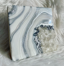 Load image into Gallery viewer, Silver &amp; White Geode Wall Art w/ Brazilian Quartz Points 8&quot; x 8&quot; x 2.75&quot;
