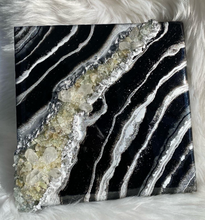 Load image into Gallery viewer, Black &amp; Silver Geode Wall Art w/ Green Calcite &amp; Brazilian Quartz Points - 10&quot; x 10&quot; x 2.75&quot;
