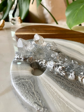 Load image into Gallery viewer, Silver &amp; White Heart Shaped Acacia Charcuterie Board - Celestite &amp; Clear Quartz
