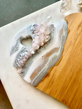 Load image into Gallery viewer, Silver &amp; White Heart Shaped Bamboo Charcuterie Board - Rose &amp; Clear Quartz
