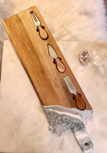 Load image into Gallery viewer, Silver &amp; White Charcuterie Board w/ Celestite &amp; Clear Quartz Crystals - 22&quot; x 6&quot; x 1.75&quot;
