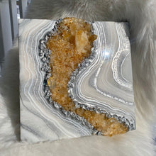 Load image into Gallery viewer, Silver &amp; White Geode Wall Art w/ Citrine &amp; Tangerine Points - 12&quot; x 12&quot; x 3.75&quot;
