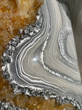 Load image into Gallery viewer, Silver &amp; White Geode Wall Art w/ Citrine &amp; Tangerine Points - 12&quot; x 12&quot; x 3.75&quot;
